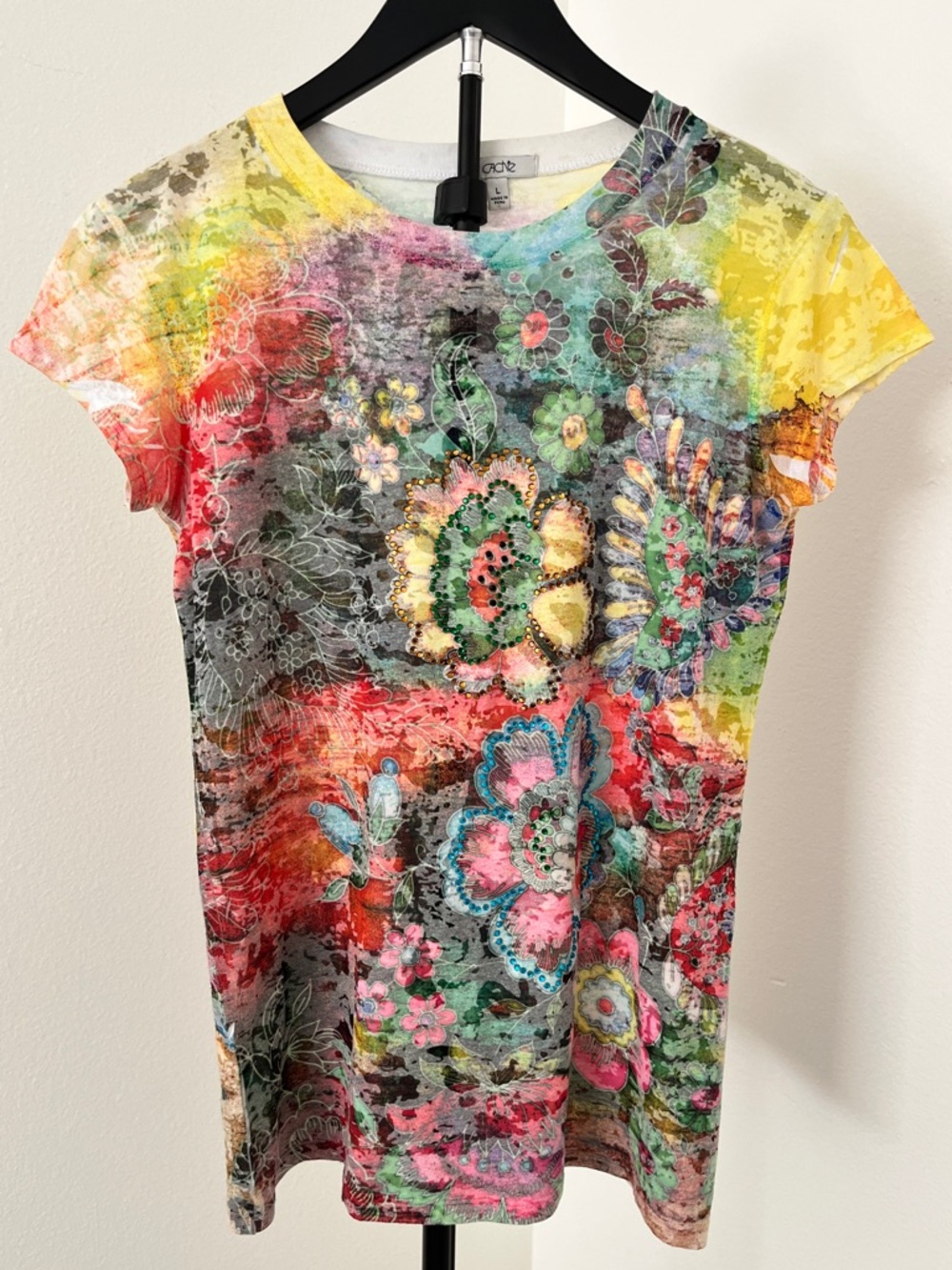 Cache Artsy Floral Rhinestone Tee 💖 Coastal Chic Boutique Statement Top | Large